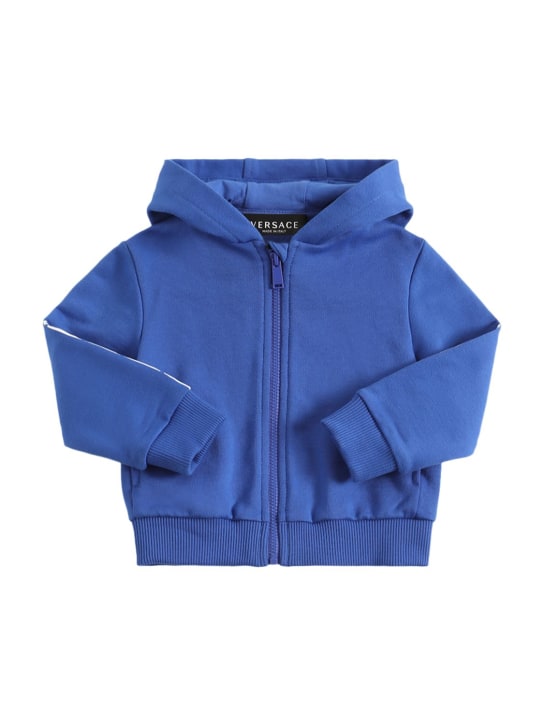 Versace: Sweat zippé en coton imprimé logo à capuche Greca - Bleu - kids-boys_0 | Luisa Via Roma