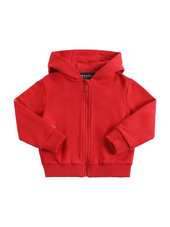 Versace: Logo & Greca print cotton zip hoodie - Red - kids-boys_0 | Luisa Via Roma