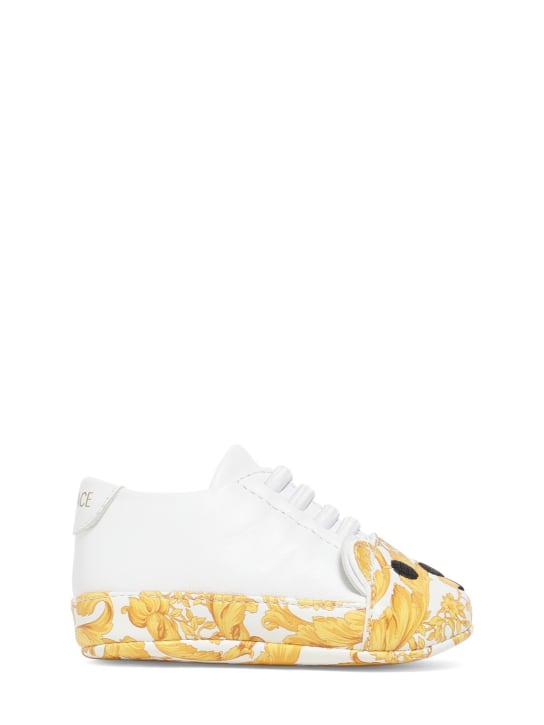 Versace: Bear & Barocco print pre-walker sneakers - White/Gold - kids-girls_0 | Luisa Via Roma