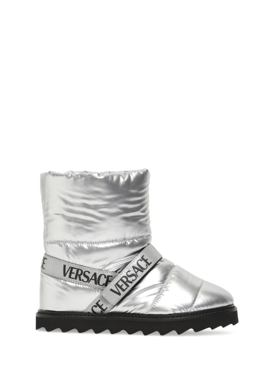 Versace: Logo绗缝尼龙雪地靴 - 银色 - kids-boys_0 | Luisa Via Roma