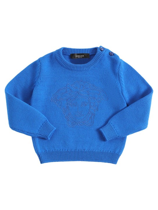 Versace: Suéter de lana con medusa bordada - Azul - kids-boys_0 | Luisa Via Roma