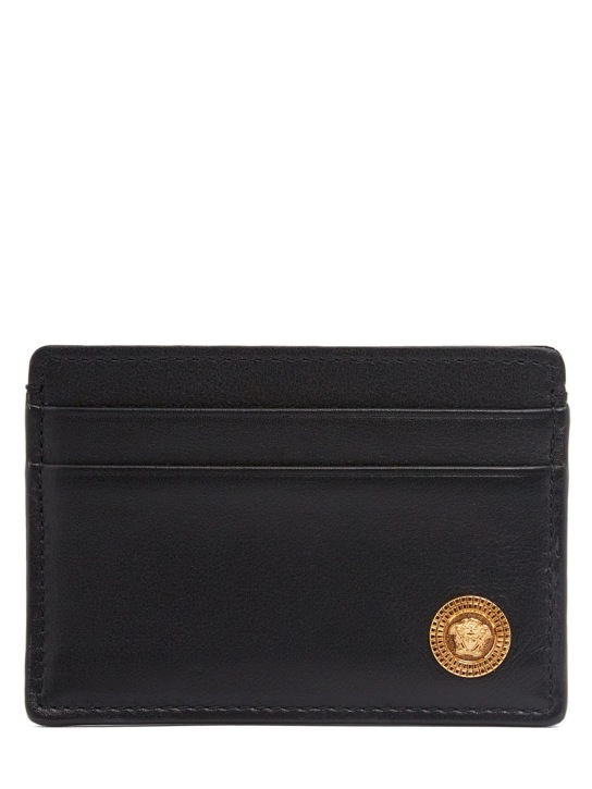 Versace: Porta carte di credito in pelle con logo - Nero/Oro - men_0 | Luisa Via Roma