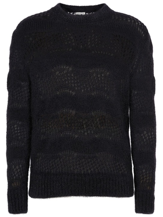 Saint Laurent: Open knit mohair blend sweater - Black - men_0 | Luisa Via Roma