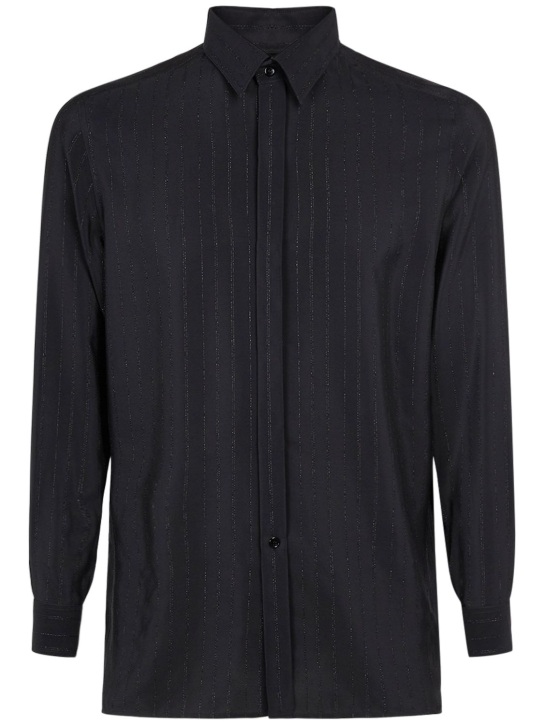 Saint Laurent: Striped silk blend shirt - Shiny Black - men_0 | Luisa Via Roma