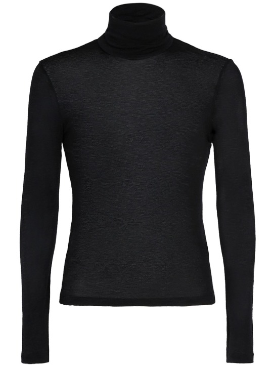 Saint Laurent: Suéter de lana stretch con cuello vuelto - Negro - men_0 | Luisa Via Roma
