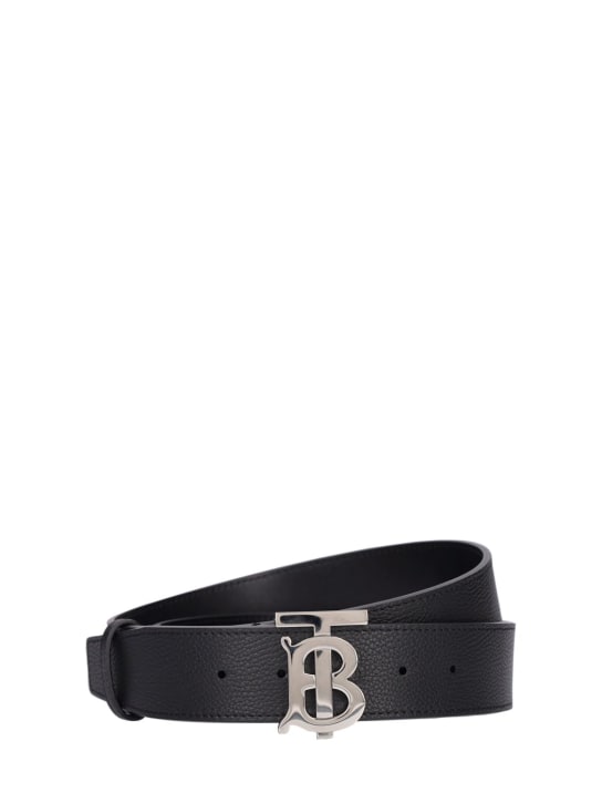 Burberry: 40mm TB logo leather belt - Black/Silver - men_0 | Luisa Via Roma