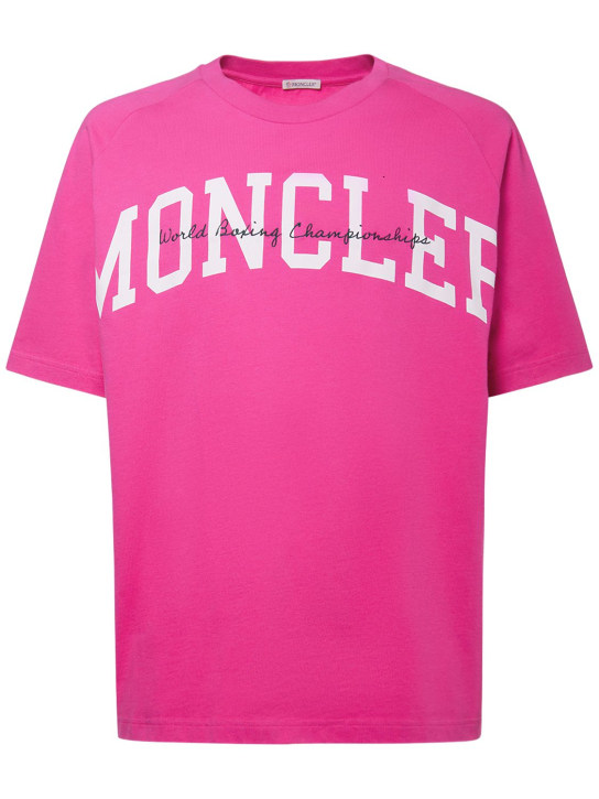 Moncler: T-shirt en jersey de coton imprimé logo - Rose Foncé - men_0 | Luisa Via Roma