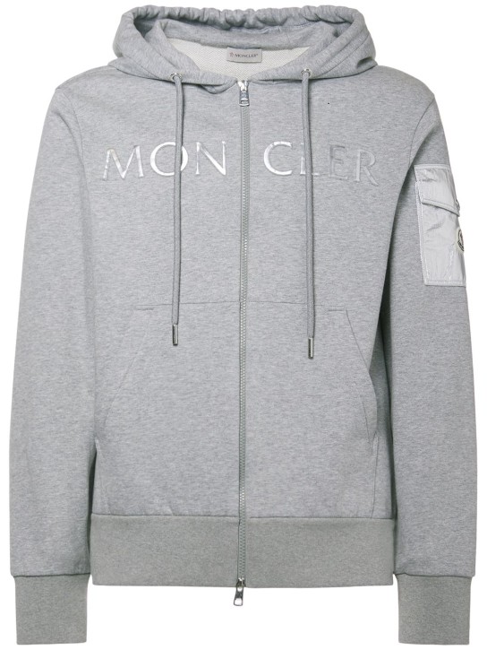 Moncler: Zip-up lightweight cotton jersey hoodie - Açık Gri - men_0 | Luisa Via Roma