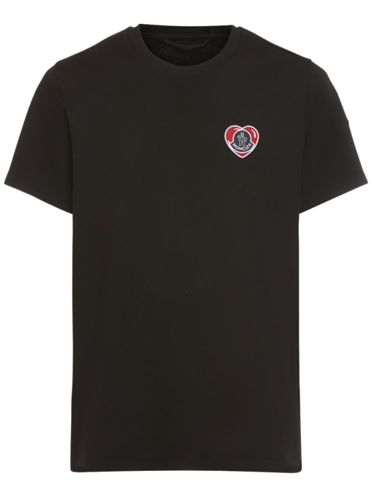 Moncler: Logo patch cotton jersey t-shirt - Siyah - men_0 | Luisa Via Roma