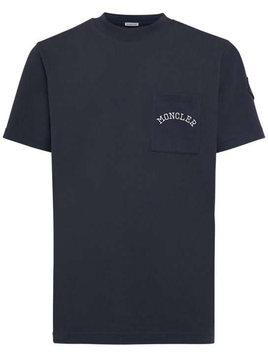 Moncler: Camiseta de algodón jersey - Azul Marino - men_0 | Luisa Via Roma