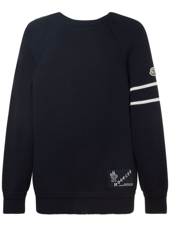 Moncler: Logo detail wool crewneck sweater - Navy - men_0 | Luisa Via Roma