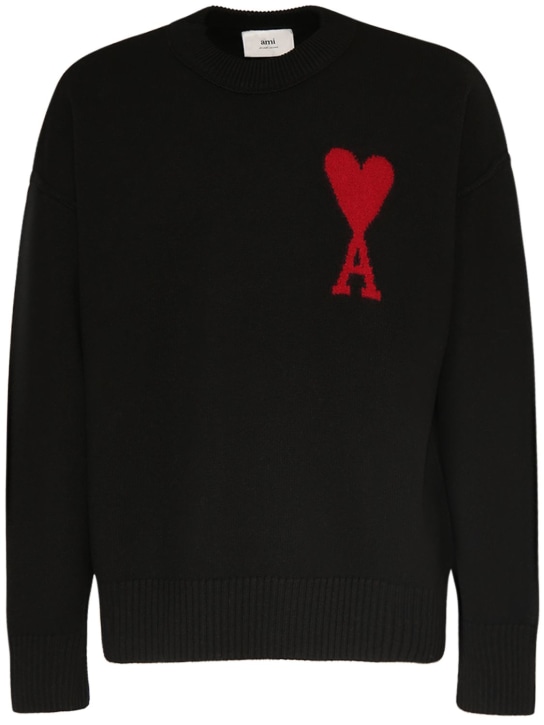 AMI Paris: Logo wool knit crewneck sweater - Siyah - men_0 | Luisa Via Roma