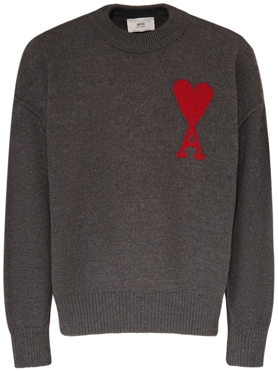 AMI Paris: Suéter de punto de lana con logo - Gris Brezo - men_0 | Luisa Via Roma