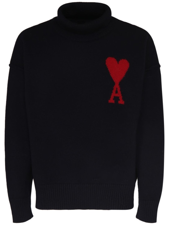 AMI Paris: 로고 울 터틀넥 스웨터 - 블랙 - men_0 | Luisa Via Roma