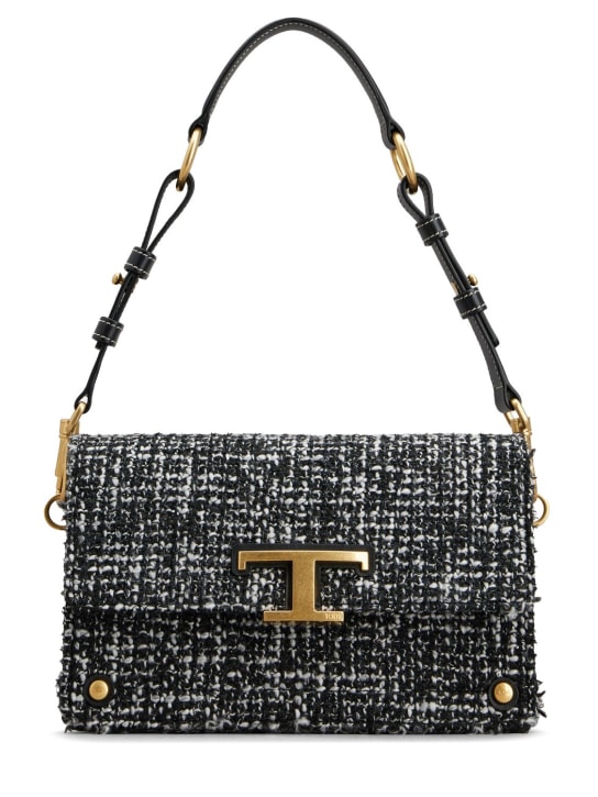 Tod's: Cartella mini T tweed shoulder bag - Black/White - women_0 | Luisa Via Roma