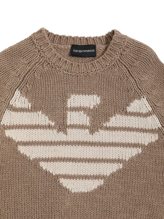 Emporio Armani: Pull-over en laine mélangée intarsia à logo - Beige - kids-boys_1 | Luisa Via Roma