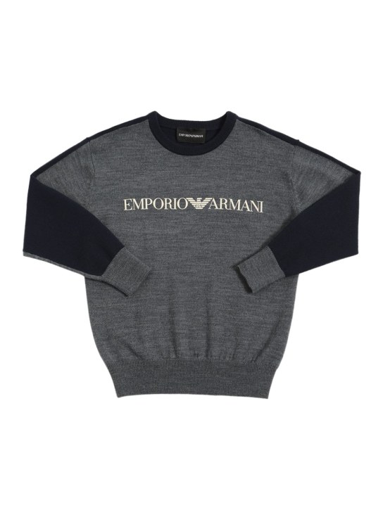 Emporio Armani: Wool blend sweater w/logo - Grey/Blue - kids-boys_0 | Luisa Via Roma