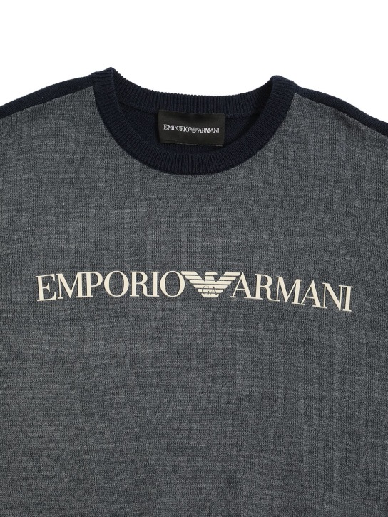 Emporio Armani: Logo羊毛混纺毛衣 - 灰色/蓝色 - kids-boys_1 | Luisa Via Roma