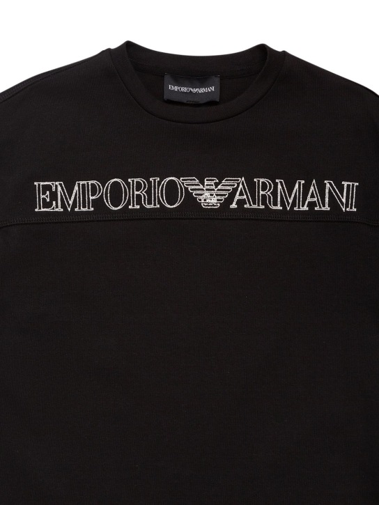 Emporio Armani: Logo刺绣棉质平纹针织T恤 - 黑色 - kids-boys_1 | Luisa Via Roma