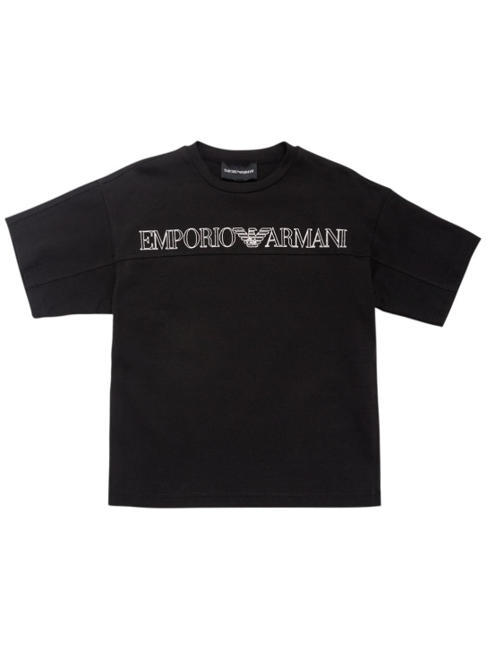 Emporio Armani: Camiseta de jersey de algodón con logo bordado - Negro - kids-boys_0 | Luisa Via Roma