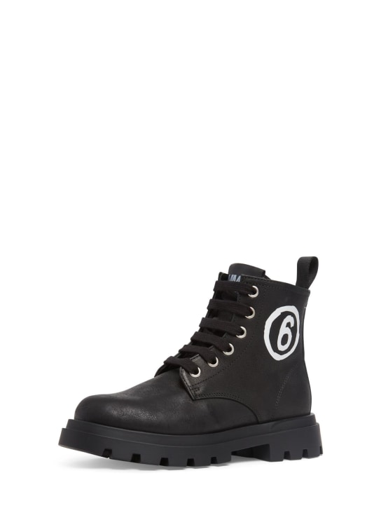 MM6 Maison Margiela: Leather combat boots w/logo - Black - kids-boys_1 | Luisa Via Roma