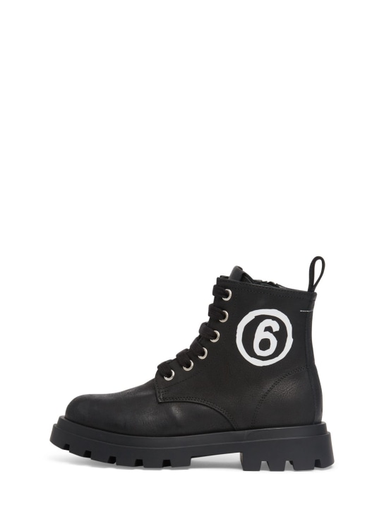 MM6 Maison Margiela: Leather combat boots w/logo - Black - kids-girls_0 | Luisa Via Roma