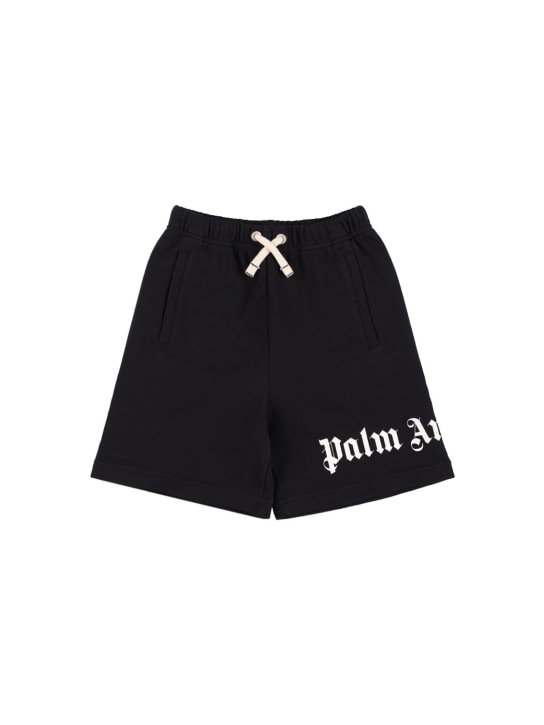 Palm Angels: Shorts de felpa de algodón - Negro/Blanco - kids-boys_0 | Luisa Via Roma