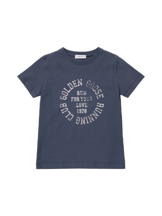 Golden Goose: T-shirt in jersey di cotone stampato - Blu - kids-girls_0 | Luisa Via Roma