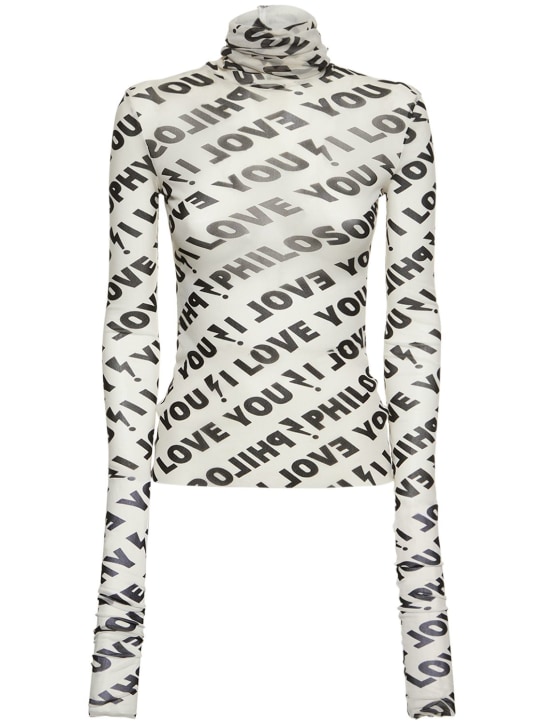 Philosophy Di Lorenzo Serafini: Printed stretch tulle top - White/Black - women_0 | Luisa Via Roma