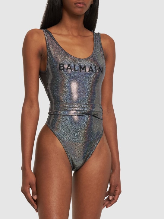 Balmain: Iridescent logo print belted swimsuit - Black/Silver - women_1 | Luisa Via Roma