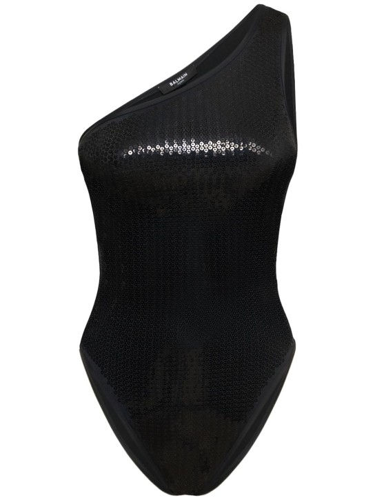 Balmain: Sequined one piece swimsuit w/ belt - Black - women_0 | Luisa Via Roma