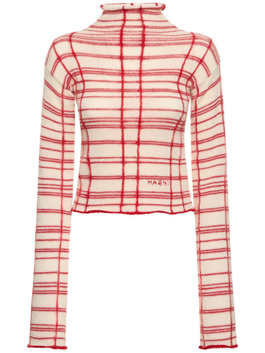 Marni: Maglia collo alto in misto lana check - Bianco/Rosso - women_0 | Luisa Via Roma