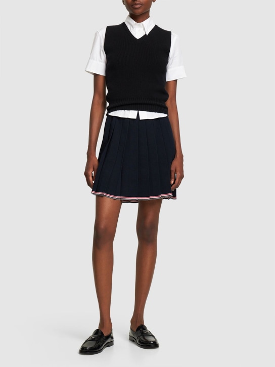 Thom Browne: Pleated wool blend knit mini skirt - Navy - women_1 | Luisa Via Roma