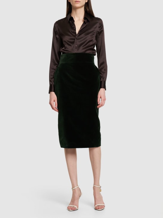 Alexandre Vauthier: High rise cotton velvet midi skirt - Dark Green - women_1 | Luisa Via Roma