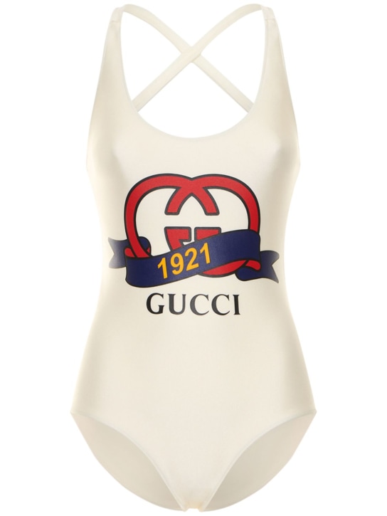 Gucci: Shimmery stretch jersey swimsuit w/logo - Ivory - women_0 | Luisa Via Roma