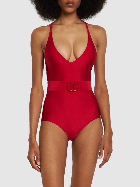 Gucci: Glitzernder Badeanzug aus Stretch-Jersey - Rot - women_1 | Luisa Via Roma