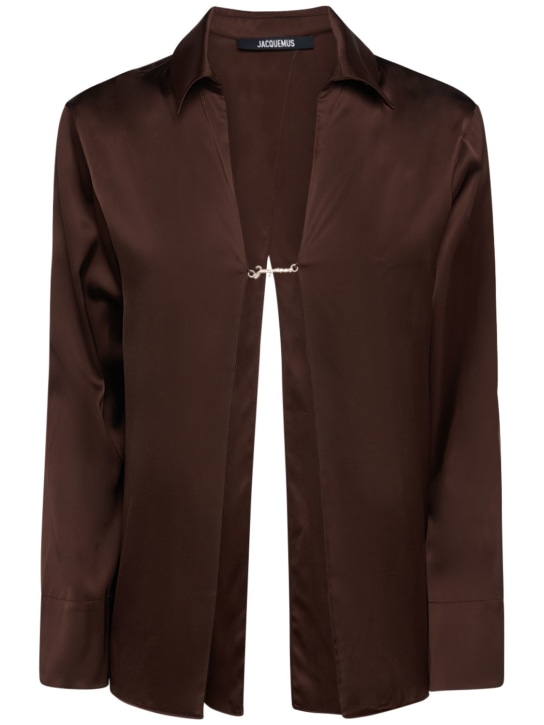 Jacquemus: La Chemise Notte satin shirt w/ logo - Dark Brown - women_0 | Luisa Via Roma