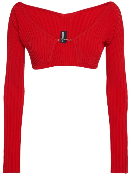 Jacquemus: La Maille Pralu crop cardigan w/ logo - Red - women_0 | Luisa Via Roma