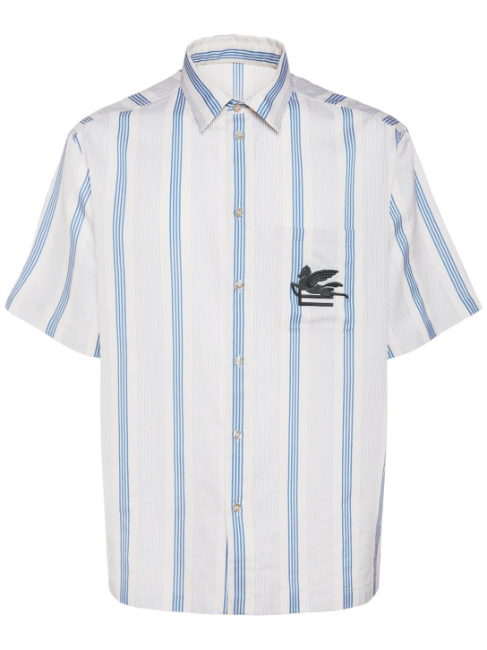 Etro: Camisa de algodón con manga corta - Blanco/Azul - men_0 | Luisa Via Roma