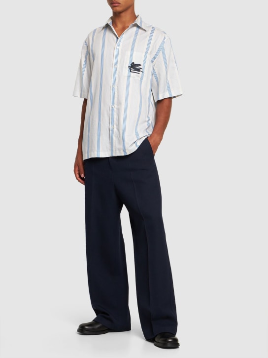 Etro: Camisa de algodón con manga corta - Blanco/Azul - men_1 | Luisa Via Roma