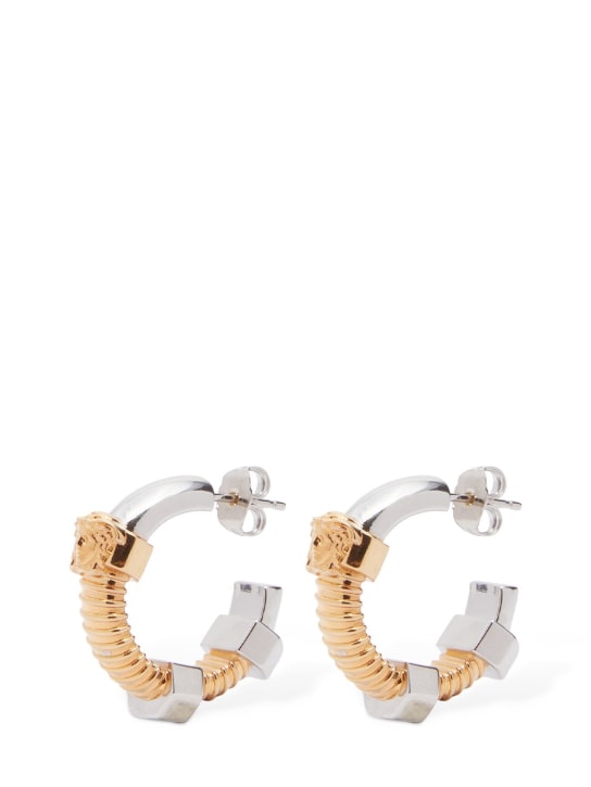 Versace: Medusa bicolor hoop earrings - Gold/Palladium - men_0 | Luisa Via Roma