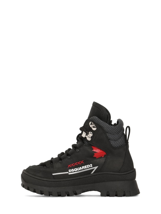 Dsquared2: Logo print leather hiking boots - Black - kids-boys_0 | Luisa Via Roma