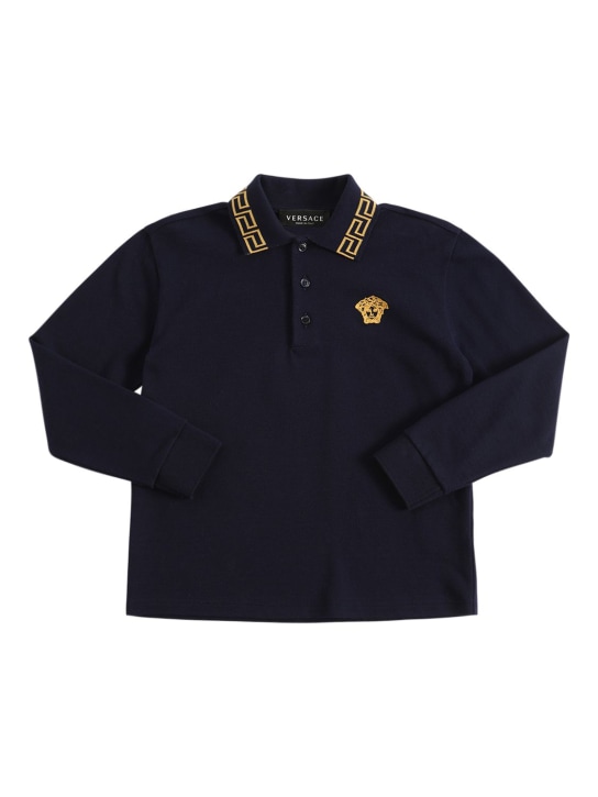 Versace: Polo en piqué de coton à logo - Bleu Marine - kids-boys_0 | Luisa Via Roma