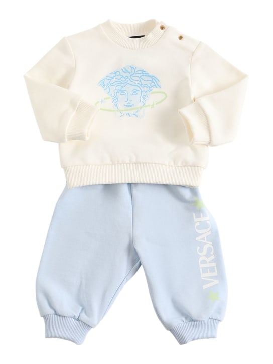 Versace: Sudadera y pantalones de felpa de algodón con logo - Blanco/Azul Claro - kids-boys_0 | Luisa Via Roma