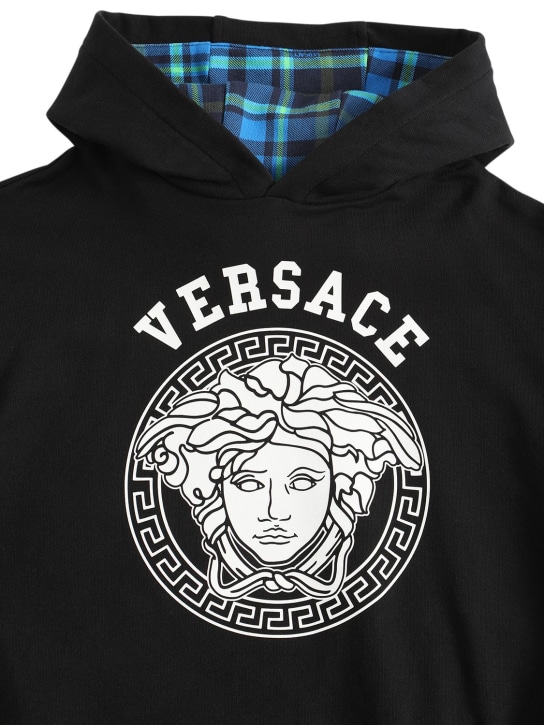 Versace: Tartan & logo print cotton hoodie - Black/Multi - kids-boys_1 | Luisa Via Roma