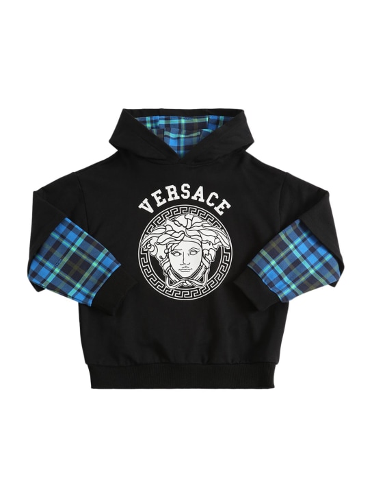 Versace: 格纹&logo印花棉质连帽卫衣 - 黑色/多色 - kids-boys_0 | Luisa Via Roma