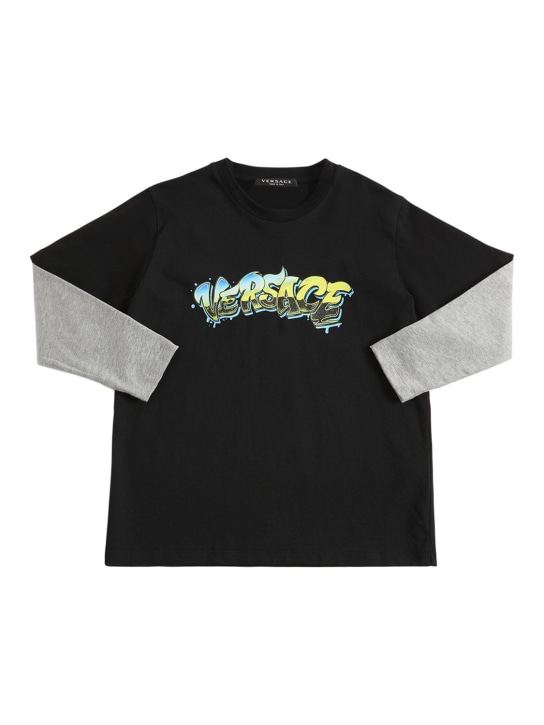 Versace: T-shirt en jersey de coton à imprimé logo - Noir/Gris - kids-boys_0 | Luisa Via Roma