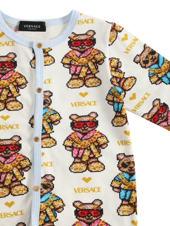 Versace: Pixel teddy print cotton romper & bib - White/Multi - kids-boys_1 | Luisa Via Roma
