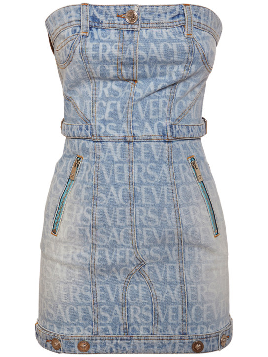 Versace: Logo printed denim mini dress - Light Blue - women_0 | Luisa Via Roma