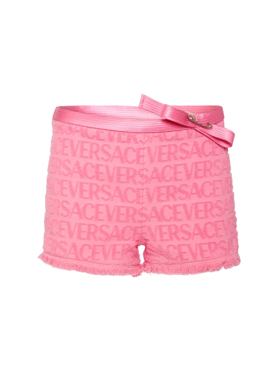 Versace: Dua Lipa logo jacquard terry mini shorts - Pink - women_0 | Luisa Via Roma